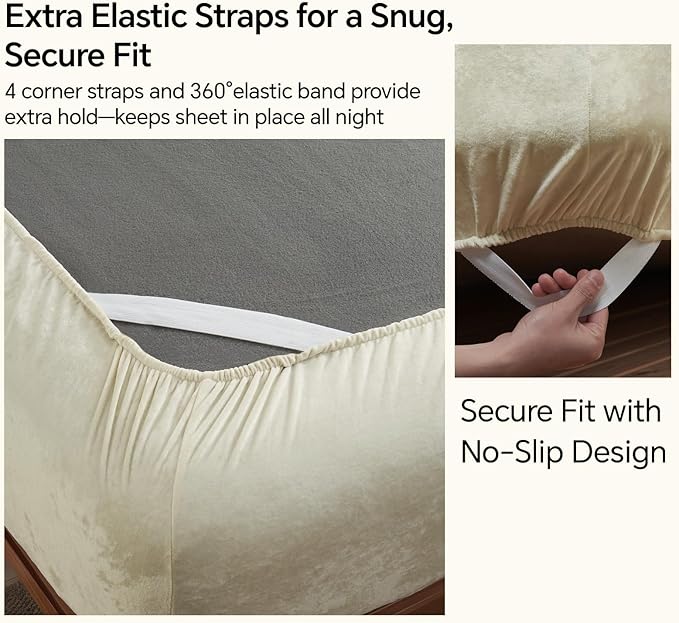 BEDELITE Velvet Fitted Sheet and Pillowcases Set, Luxury Soft Fuzzy Bottom Sheet with Reinforced Elastic Corner Straps, Deep Pocket up to 15 Inch, 1 Fitted Sheet and 2 Pillowcases (Cal King, Cream)