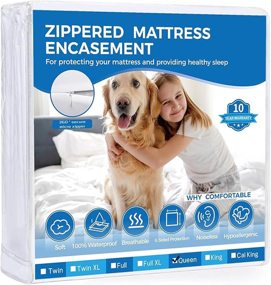 Queen Mattress Protector Zippered-6-Side Waterproof Queen Size Mattress Encasement-9 Inches Deep-Wrapping Box Spring Cover Low Profile