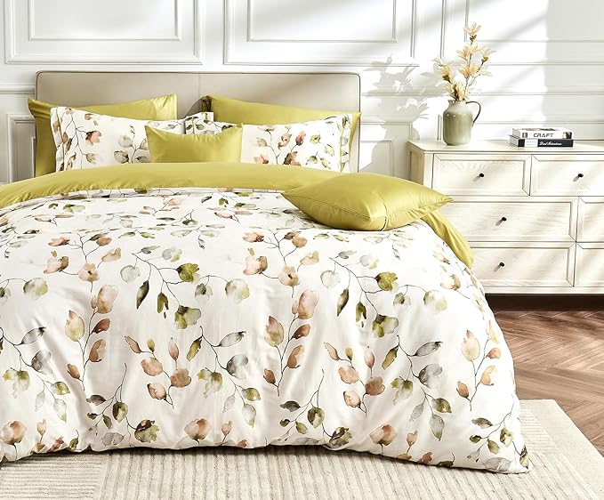 Queen Size Duvet Cover Set with Button Closure - Multicolor Light Green and Yellow Botanical Luxury Bedding for a Comfortable Sleeping