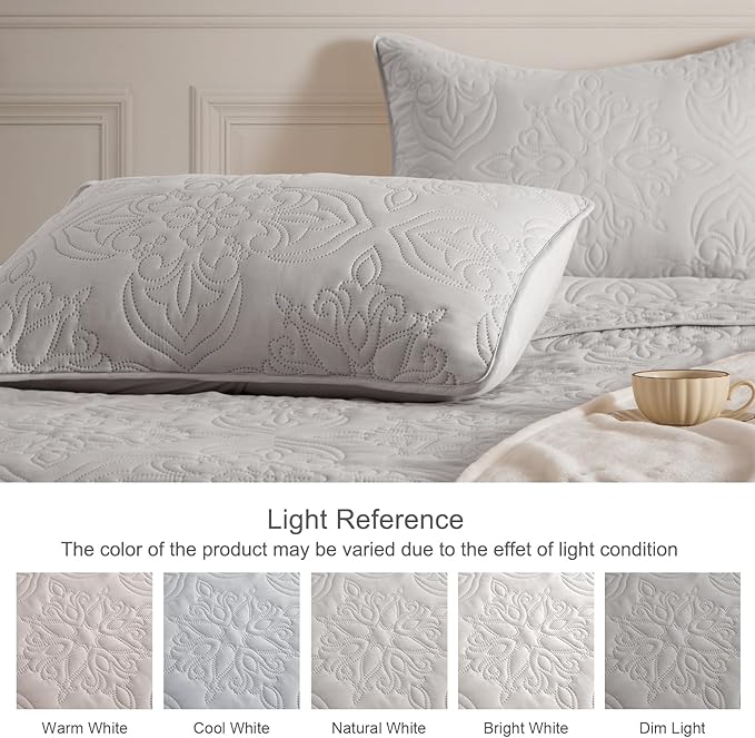 Whale Flotilla Soft Twin Quilt Bedding Set for All Seasons, Elegant Vintage Damask Ultrasonic Quilts Set, Lightweight Reversible Bedspread, Coverlet, Bed Cover with 2 Pillow Shams, Lightgrey