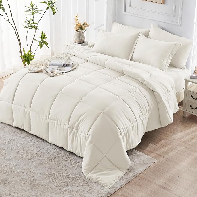 JOLLYVOGUE Queen Comforter Set, Ultra-Soft Bed in a Bag Queen Size 7 Pieces, Oeko-TEX Certified Bedding Set with Down Alternative Comforter, Sheets, Pillowcases & Shams, Ivory