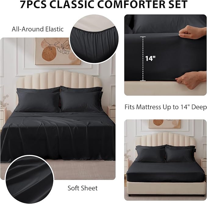 King Comforter Set Black - Bed in a Bag King Size 7 Pieces, Soft Bedding Set for All Seasons, Premium King Comforter Set with Comforter, Sheets, Pillowcases & Shams