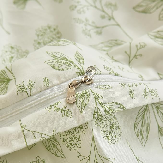 HighBuy 3 Pieces Duvet Cover King Size White Duvet Cover with Green Floral Print,Coquette Soft Cotton Comforter Cover Boho Style,Aesthetic King Bedding Set with Zipper Closure 4 Ties