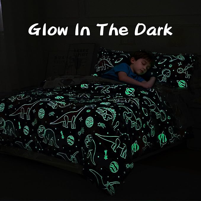 A Nice Night 5pc Glow in The Dark Kids Comforter Set,Dinosaur Galaxy Printed, Space Bedding Set Full Size for Boys Girls Teen