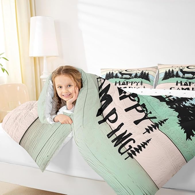 Camper Decor Quilt Bedding For Full Rustic Farmhouse Camping Comforter Set Woodland Animal Deer Rv accessories Bedding Sets Gifts For Teen Boys Girls Black Green Wooden Board Bunks Decor 2 Pillowcases