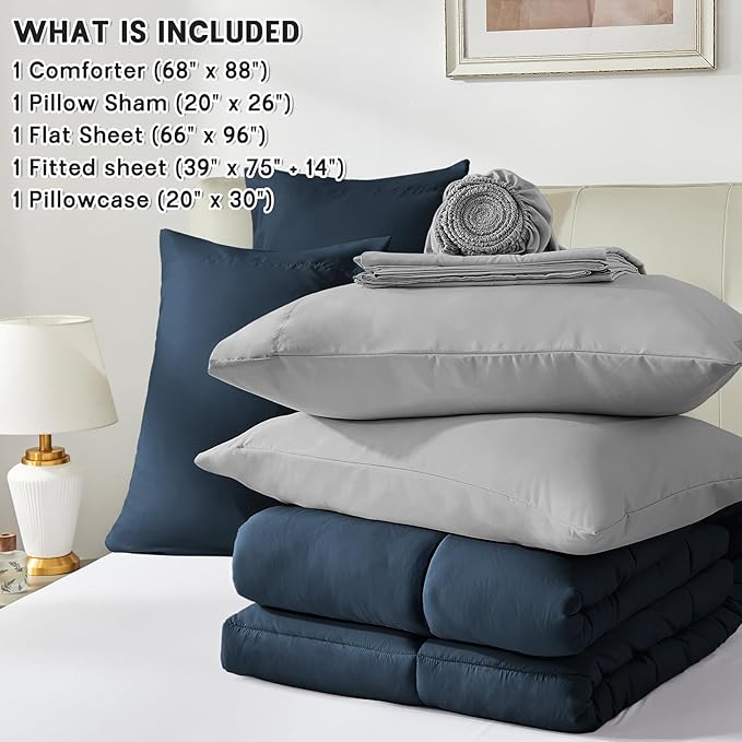 Anluoer Twin Size Bed in a Bag 5 Pieces, Navy and Grey Bed Comforter Set with Sheets, All Season Bedding Sets with 1 Comforter, 1 Pillow Sham, 1 Pillowcase, 1 Flat Sheet, 1 Fitted Sheet