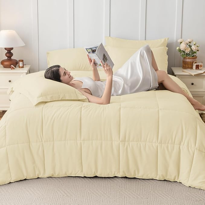 JOLLYVOGUE Full Comforter Set, Ultra-Soft Bed in a Bag Full Size 7 Pieces, Oeko-TEX Certified Bedding Set with Down Alternative Comforter, Sheets, Pillowcases & Shams, Light Yellow