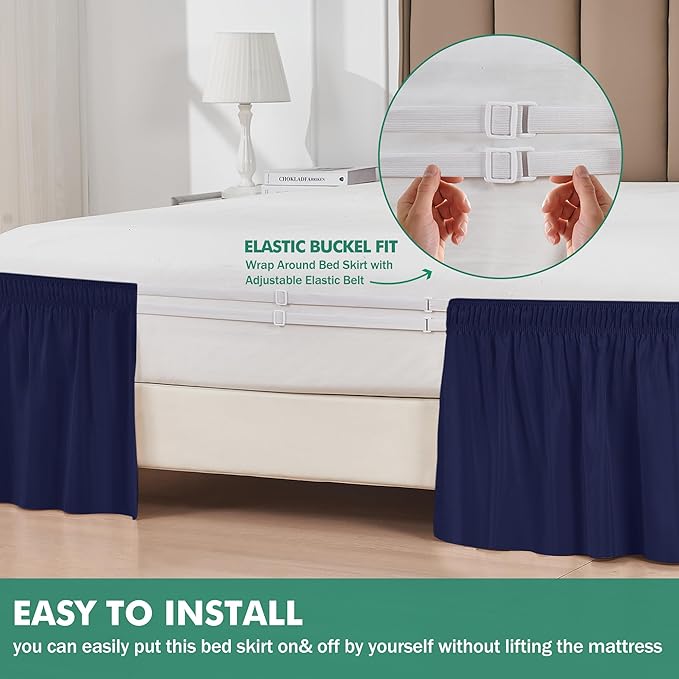Biscaynebay Wrap Around Bed Skirts with Split Corners for King Beds 18" Drop, Navy Adjustable Elastic Dust Ruffles Easy Fit Wrinkle Resistant Silky Luxurious Fabric Machine Washable
