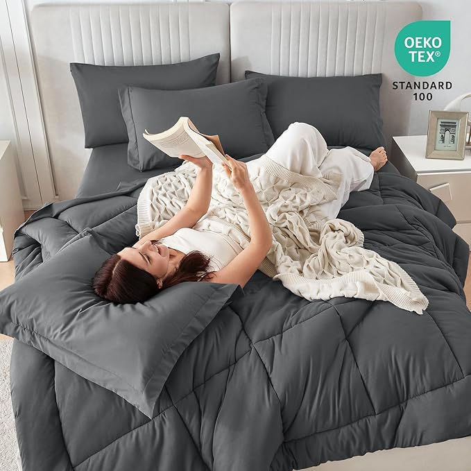Sasttie Queen Comforter Set, 7 Pieces Bed in a Bag Queen, Complete Bedding Set Includes Grey Comforter, Flat Sheet, Fitted Sheet, Pillowcases and Pillow Shams, Dark Grey