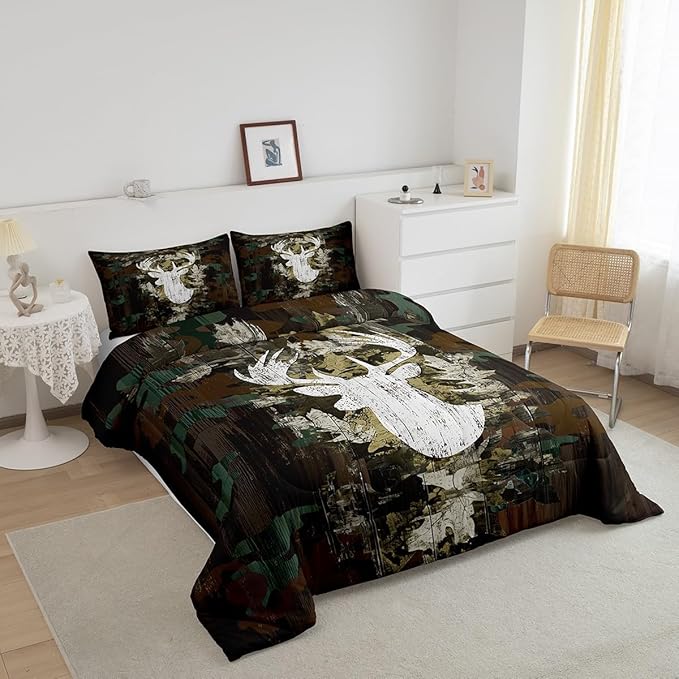Feelyou Kids Camo Deer Bedding Set King Size, Deer Hunting Comforter Set Green Camo Comforter for Boys Girls Antlers Duvet Insert Microfiber Bed Set