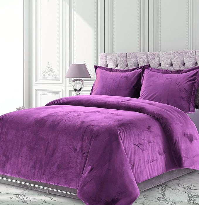 Purple 3 Pieces Velvet Comforter Set Oversized Queen Size (Comforter + 2 Pillowcases) Crinkle Crushed 400 GSM