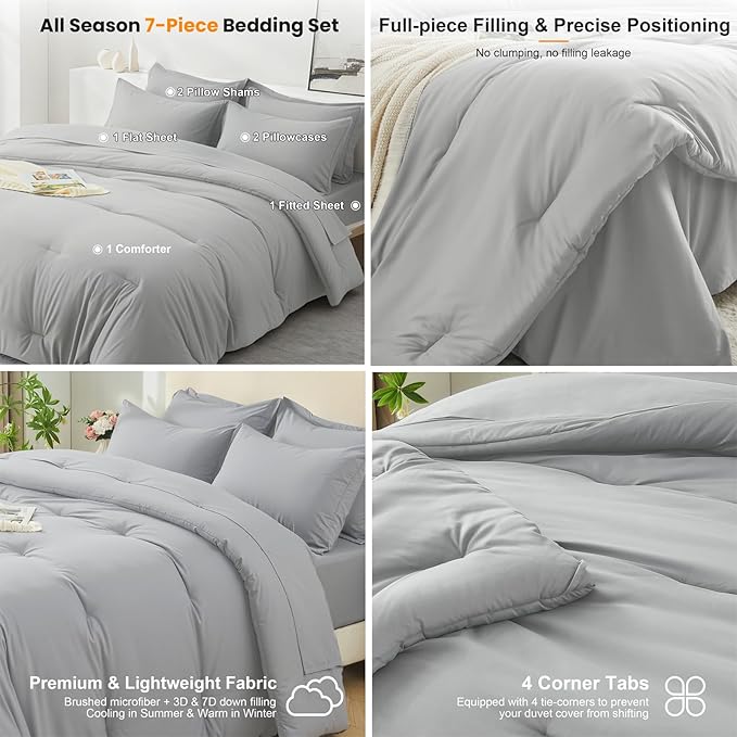 California King Size Comforter Set 7 Pieces - Soft Bed in a Bag King Bed Set, Cozy Luxury Bedding Sets with All Season Comforter, Flat Sheet, Fitted Sheet, 2 Pillowcases & 2 Shams, Light Gray