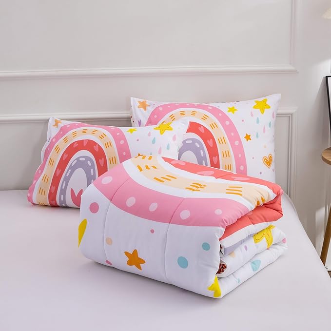 Btargot Lightweight Soft 3 Piece Rainbow Comforter Set with 2 Pillow Covers, Cartoon Love Hearts Flowers and Sun Star Bedding Set for Girls Boys Kids, Twin Pink