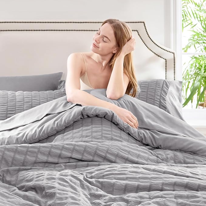 CozyLux Full Size Comforter Sets with Sheets 7 Pieces, Grey Seersucker Bed in a Bag Textured Luxury Soft Gray Bedding Set with Down Alternative Comforter, Sheets, Pillowcases & Shams for All Seasons