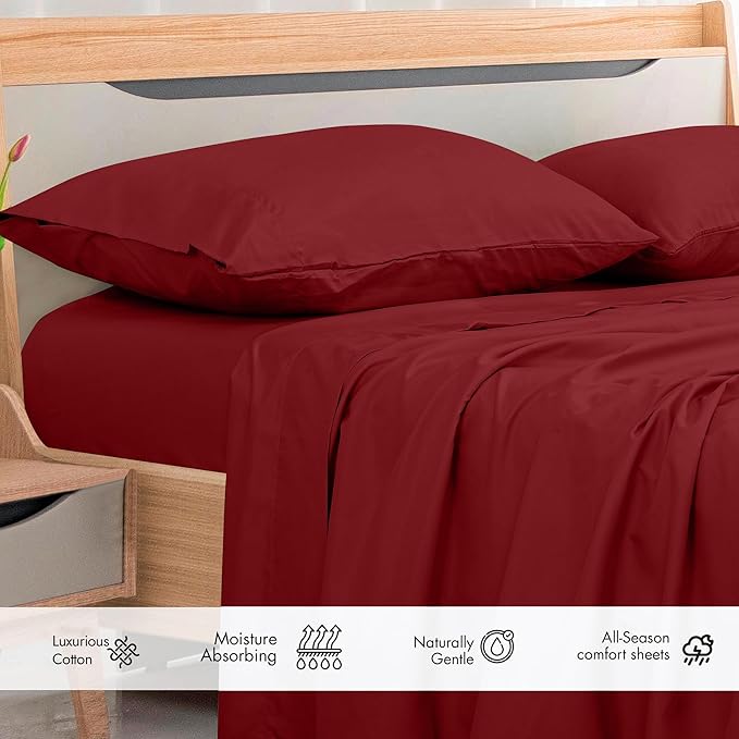 Royale Linens 300 Thread Count 100% Long Staple Combed Cotton Flat Sheet - Super Soft - Top Sheets - Full Flat Sheet Sold Separately - Breathable, Cool & Crisp Percale Sheets Only (Twin XL, Red)