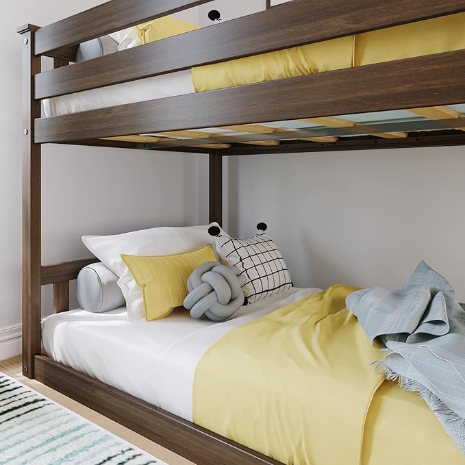 Max & Lily Twin Over Twin Low Bunk Bed with Ladder, Wooden Bunk beds with 14” Safety Guardrail for Kids,Toddlers, Boys, Girls, Teens, Bedroom Furniture, Walnut