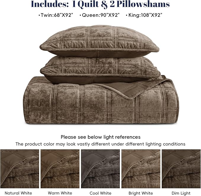 PHF Ultra Soft Velvet Quilt Set King Size – 3PCS Luxurious Cozy Quilted Comforter Alternative with Diamond Pattern, Warm Quilted Bedspread Coverlet, 108" x 92", Cub