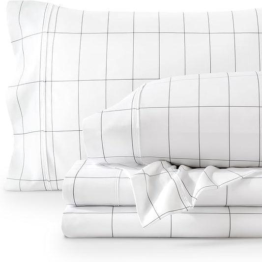 Bare Home Queen Sheet Set - Luxury 1800 Ultra-Soft Microfiber Queen Bed Sheets - Double Brushed - Deep Pockets - Easy Fit - 4 Piece Set - Bedding Sheets & Pillowcases (Queen, Grid - White/Grey)