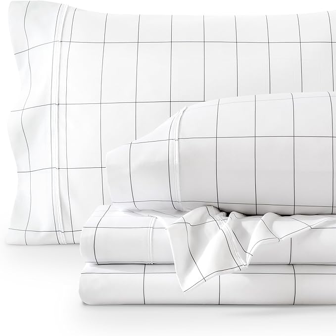Bare Home Twin XL Sheet Set - College Dorm Size - Premium 1800 Ultra-Soft Microfiber Twin Extra Long Sheets - Double Brushed - Sheets Set - Deep Pocket - Bed Sheets (Twin XL, Grid - White/Grey)