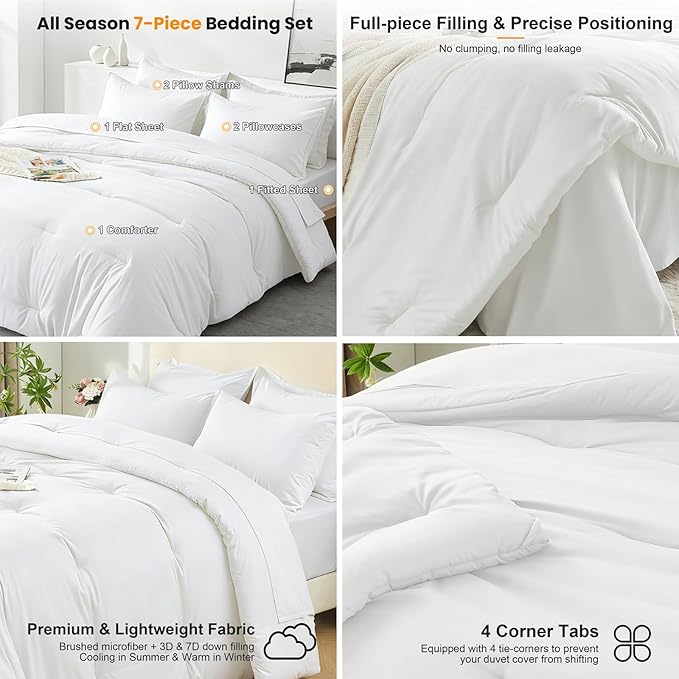 King Size Comforter Set 7 Pieces - White Soft Bed in a Bag King Bed Set, Cozy Luxury Bedding Sets with All Season Comforter, Flat Sheet, Fitted Sheet, 2 Pillowcases & 2 Shams