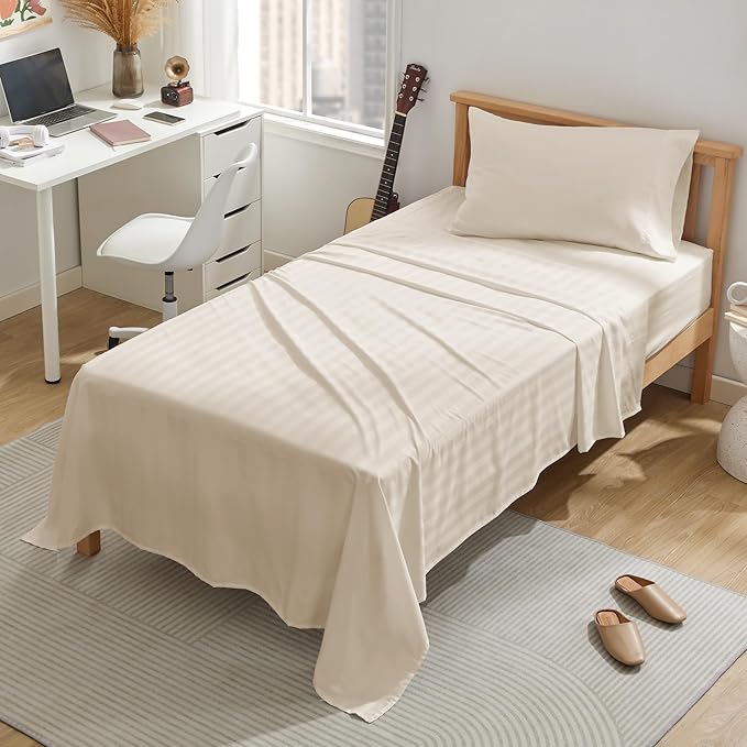 SLEEP ZONE Striped Cooling Twin Sheets Set for Kids - Fitted Flat Sheet & Pillowcase Sets 3 Piece - Super Soft Stripe Bed Sheet, Easy Care, Deep Pocket (Beige, Twin)