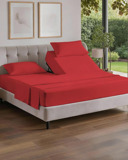 Flex Top Split Head King 4 Piece Sheet Set - Comfy Breathable & Cooling Bed Sheets Set - Hotel Luxury Bedding for Women, Men, Kids, Teens, Boys and Girls - Deep Pockets, Ultra-Soft & Oeko-Tex - Red