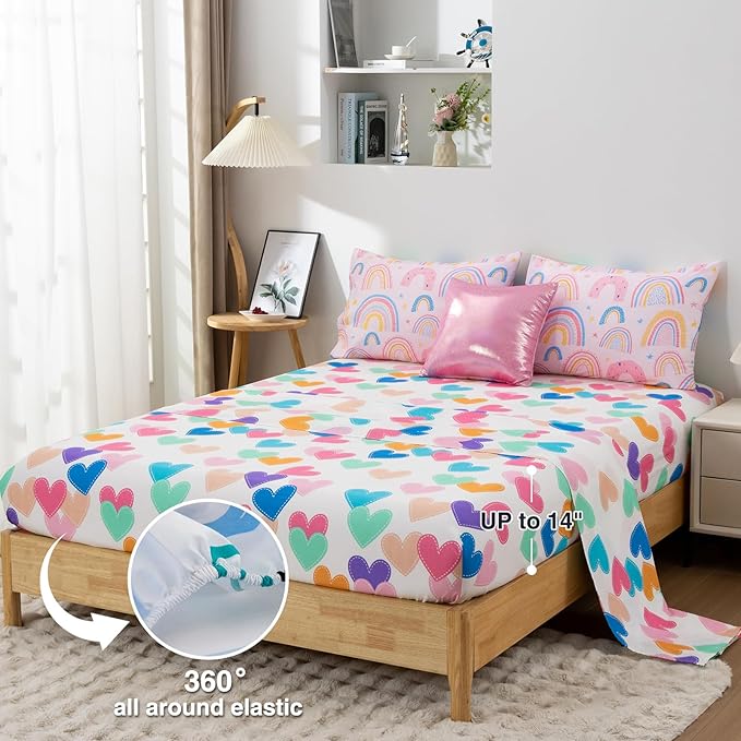 A Nice Night Lightweight Soft Cartoon Rainbow 6Pcs Full Comforter Sets, Love Hearts Printed Bedding Set for Boys Girls,Pink