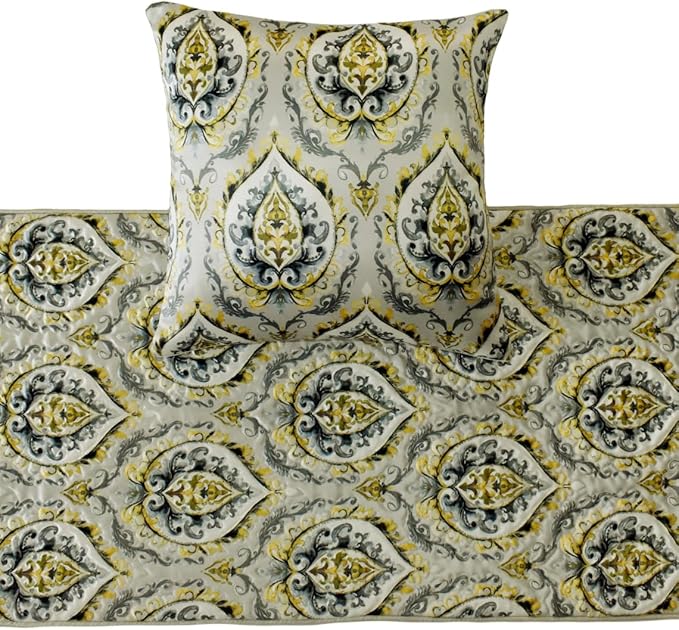 The HomeCentric King/Queen/Twin Grey & Yellow Designer Queen 74"x18" Bed Runner with Pillow Cover, Quilted, Damask & Tassels Bed Scarf on Jacquard Fabric - Flamey Damask