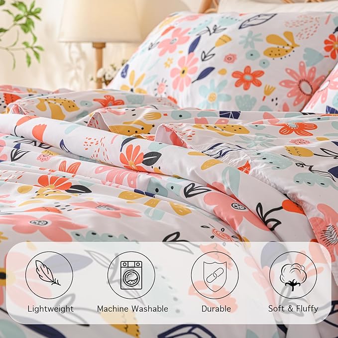 Yibeizi Floral Comforter Set for Girls Twin, Kids Cute Printed Bedding Set with Pillow Sham, Lightweight Soft Breathable Machine Washable Quilted Bed Comforter Set 2 Piece