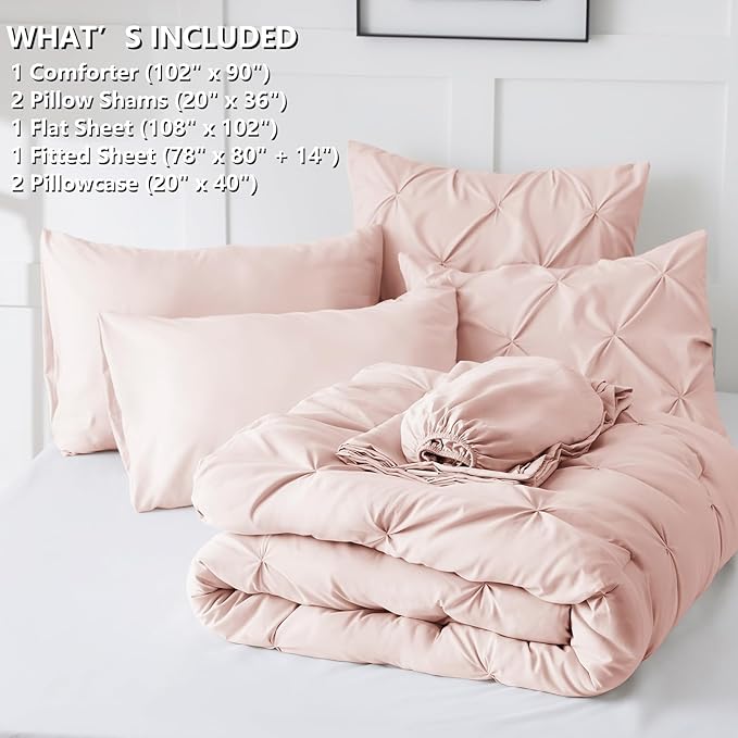 King Comforter Set Blush Pink, 7 Pieces Pintuck Bed in A Bag King Size Bedding, Soft Bed Set All Season Pinch Pleat Comforter Set with Sheets, Pillowcases & Shams