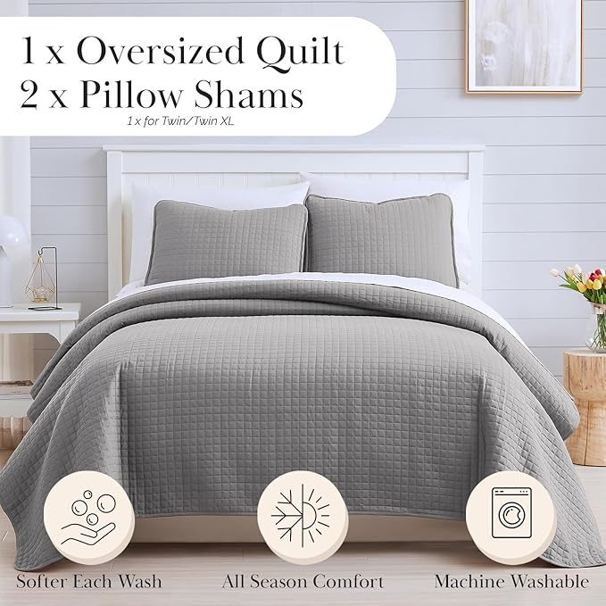 Southshore Fine Living, Inc. Comforter Quilt, King Size Bedding Set, Cal King Quilt Coverlet Set with 2 Shams, Soft Brushed Lightweight Bedspread, Pet Hair Resistant, Steel Grey