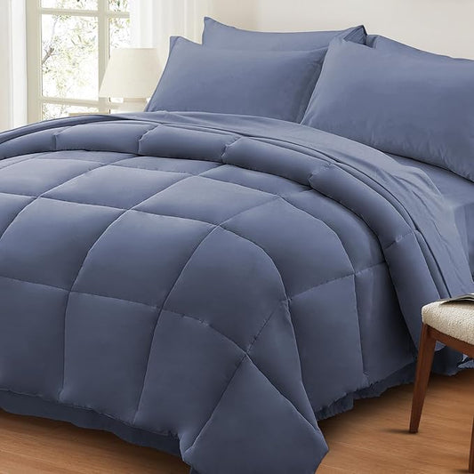 Anluoer Queen Comforter Set 7 Piece, Grayish Blue Bed in a Bag with Sheets, Comforters Queen Size Bedding Sets with 1 Comforter, 2 Pillow Shams, 2 Pillowcases, 1 Flat Sheet,1 Fitted Sheet