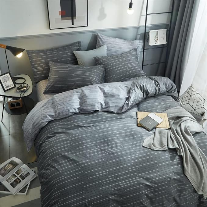 Striped Comforter Set King Size Grey Striped Bedding Comforter 3 Pieces King Comforter Set 1 Stripe Comforter with 2 Pillowcases Geometric Stripes Fluffy Microfiber Comforter King for All Seasons