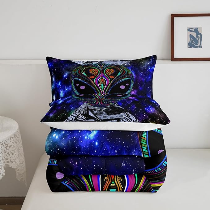 Feelyou Alien Printed Comforter Kids Galaxy Outer Space Themed Bedding Set Boys Girls Trippy Alien Hippie Skull Decor Comforter Set Colorful Tie Dye Quilted Duvet Bedroom Bed Set Twin Size…