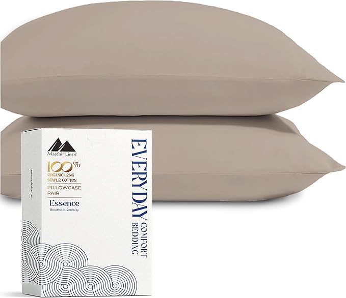 Mayfair Linen 100% Organic Cotton Percale Pillow Cases Standard/Queen Size Set of 2 - Percale Pillowcases Standard/Queen, Soft Cooling Pillow Cases for Sleeping, Cotton Pillowcovers - Taupe