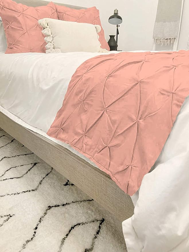 Bed Runner Set - 100% Pure Cotton 800 Thread Count - Luxury 1 Pinch Pleated Bed Runner and 2 Pillow Cover - 3 Piece Pinch Pleated Bed Runner Set Queen, Peach