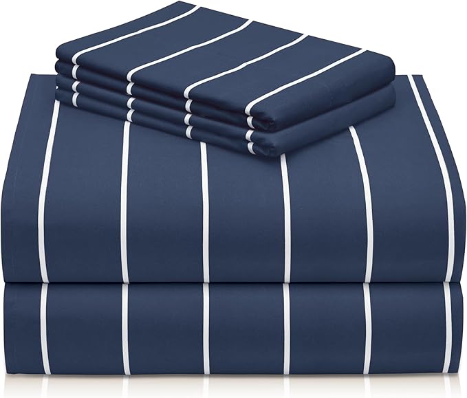LuxClub 4 PC Cal King Size Sheet Set, Breathable Luxury Bed Sheets, Deep Pockets 18" Wrinkle Free Cooling Machine Washable Hotel Bedding (Striped Navy)