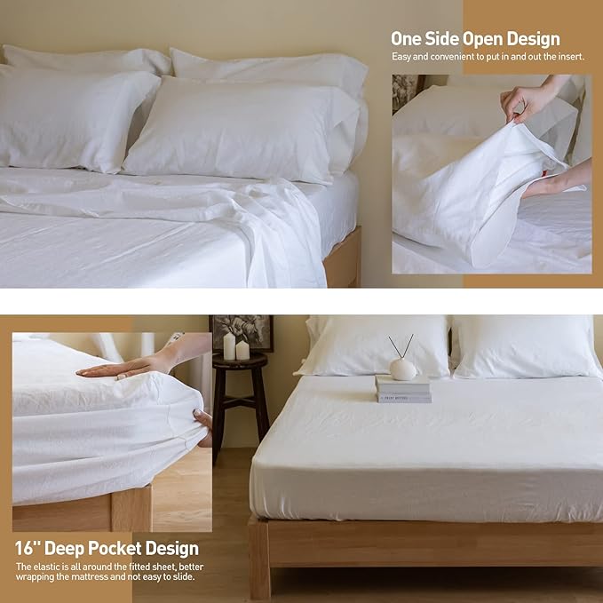 Simple&Opulence Belgian Linen Sheet Set Solid Color - 6 Pieces (1 Flat Sheet & 1 Fitted Sheet & 4 Pillowcases) 16" Deep Pocket Natural Flax Cotton Blended Soft Bedding - White, King Size