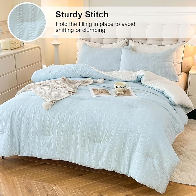 Boho Comforter Set Twin Size Striped Pleats Bohemian Seersucker Bedding Set All Season Soft Cozy 2 Pieces Quilt with 1 Pillowcase(68"X90" Light Blue)