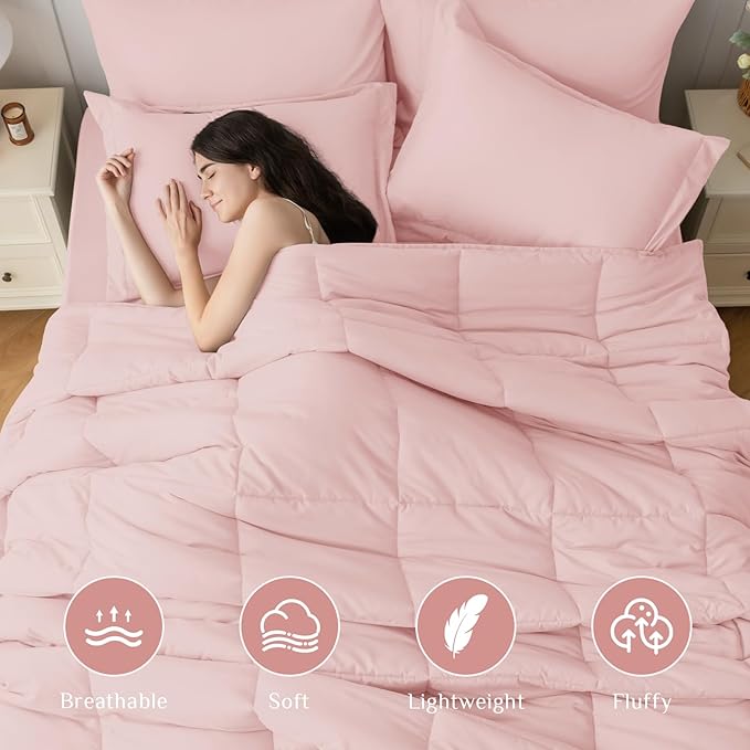 JOLLYVOGUE Full Comforter Set, Ultra-Soft Bed in a Bag Full Size 7 Pieces, Oeko-TEX Certified Bedding Set with Down Alternative Comforter, Sheets, Pillowcases & Shams, Blush Pink