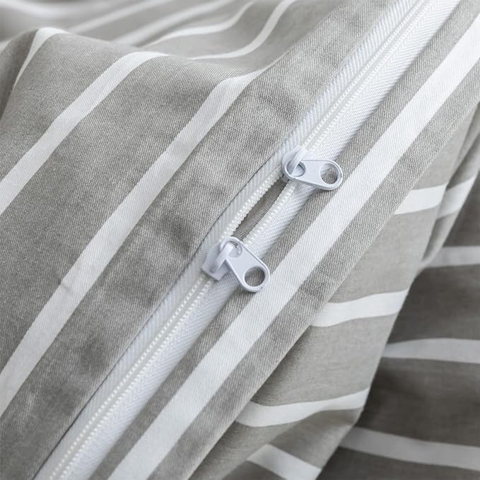 JELLYMONI Queen Duvet Cover Set, Cotton Duvet Cover 3 Pieces with Zipper Closure, 1 Duvet Cover and 2 Pillowcases(Gray with White Striped)