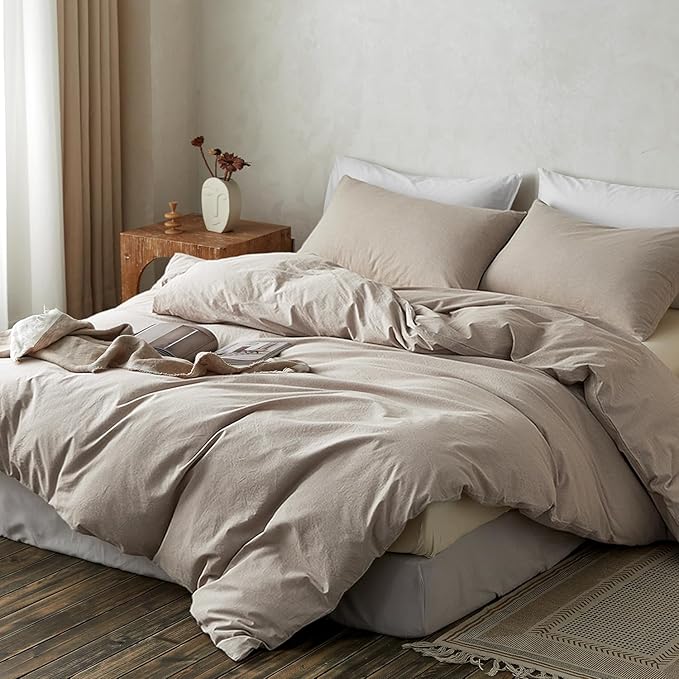 TOCOMOA Duvet Cover Set 100% Washed Cotton Linen Feel Soft Comfy Breathable 3 Piece Comforter Covers Bedding Set (King, Heathered Linen Grey)