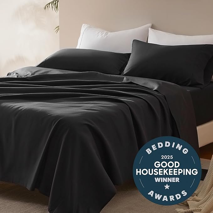 SLEEP ZONE Nanotex Super Soft Cooling Kids Bed Sheets Set Twin XL 3 Piece - Easy Care Fitted Flat Sheet & Pillowcase Sets - Wrinkle Free, Fade Resistant, Deep Pocket 16" (Black, Twin XL)