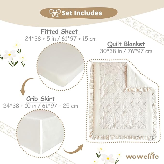 Wowelife Crib Bedding Set for Girls, 3 Pieces Baby Crib Bedding Set Newborn, Mini Tufted Jacquard Ruffle Fringe Boho, Infant & Nursery with Comforter, Crib Fitted Sheet and Crib Skirt, Beige