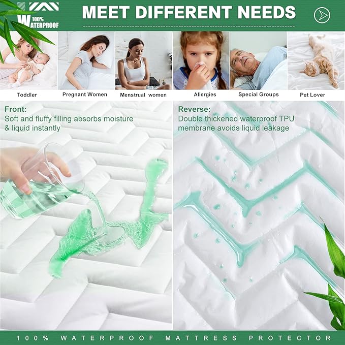 Unilibra King Size Waterproof Mattress Pad Rayon Made from Bamboo, Quilted Breathable Mattress Protector, 6''-25'' Deep Pocket Fitted Mattress Cover White