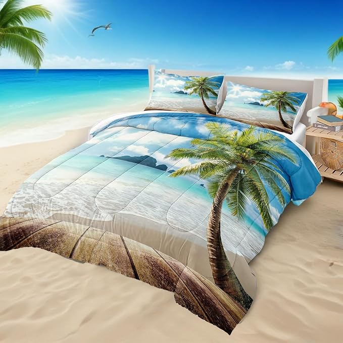 Bedbay Coastal Beachy Comforter Set King Beach Themed Comforter Bedding Set Tropical Palm Tree Quilt Set 3 Pcs Beach Room Decor Ocean Coastal Bedding Set King Duvet Set