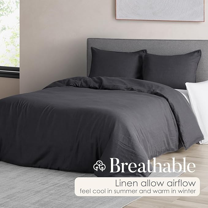 DAPU 100% Linen Duvet Cover, Pure Natural French Flax Linen with 8 Corner Ties&Zipper Closure Soft Breathable Durable for Hot Sleepers 1 Duvet Cover 2 Pillowcases(Dark Gray, California King)