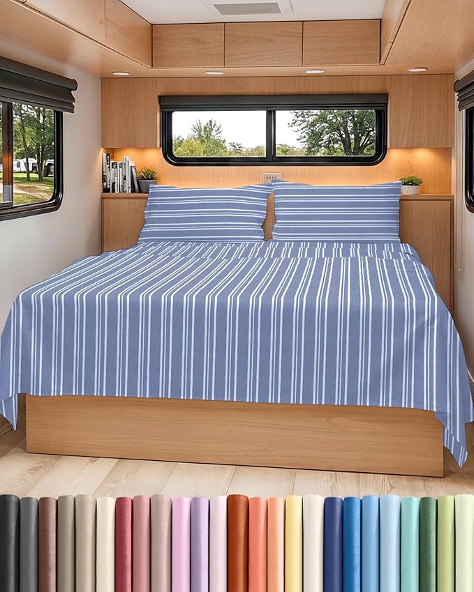 Short Queen Size 4 Piece Sheet Set - RV Short Queen, Soft, Breathable & Cooling Bed Sheets Set w/ Deep Pockets - Hotel Luxury Bedding for Women, Men, Kids, Teens, Boys & Girls, Oeko-Tex - Blue Stripes