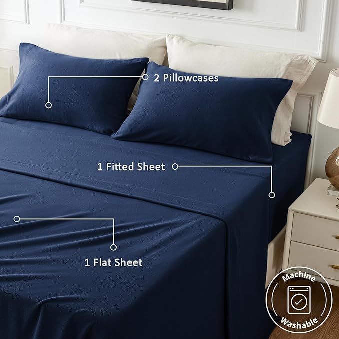 Love's cabin Fleece Queen Sheet Set - 4 Pcs Dark Blue Winter Soft Plush Polar Fleece Bed Sheets Set with 16" Deep Pocket,Cozy Warmth for Cold Season(1 Flat Sheet,1 Fitted Sheet,2 Pillow Cases)