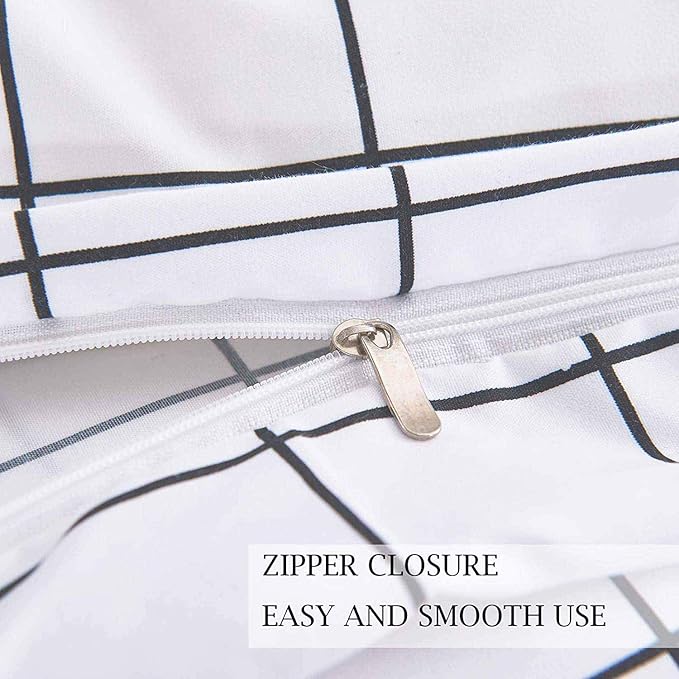 Nanko King Duvet Cover Set 3 pcs, 104x90 inch Geometric Cool Lightweight Microfiber Soft Luxury Quilt Cover with Zip Tie and 2 Pillowcase - Modern Bedding for Women Men, White Grid